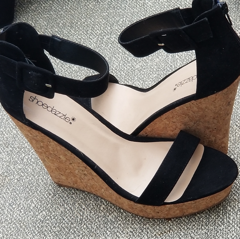 Black Suede like strapped cork wedges